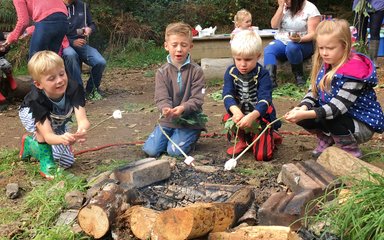 Children toasting marshmallows around campfire 