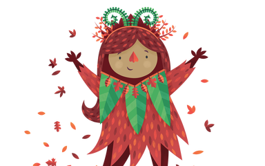 An illustration of Birtha. She wears a head dress with brown and green leaves creating a crown affect. She waves her hands in the air with leaves flying off around her. She has large green leaves around her next with a smaller row of brown leaves. 