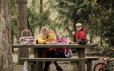 Mother and two children grinning while eating a picnic on a cluttered bench