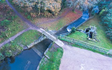 Drone shot of Cannop Ponds dam