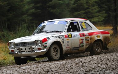 A white vintage rally car with red stripe, on a gravel road in the forest