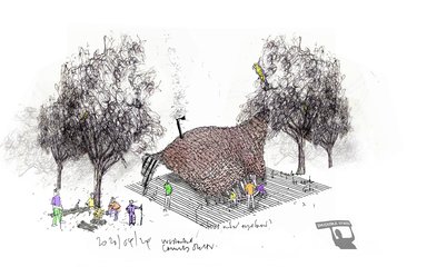 A sketch of a new community shelter. A brown curved structure sits in the middle with a trees set to the sides. Sketched people stand and sit around the shelter.