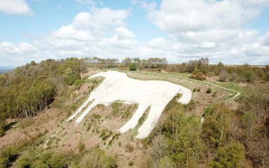 A white horse made from stone on a hillside