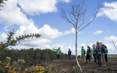 Group of people stood on fire damaged land