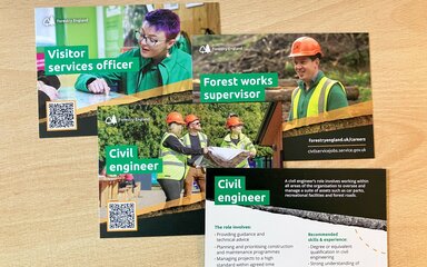 Four promotional postcards advertising careers at Forestry England, shown laid on a flat surface.