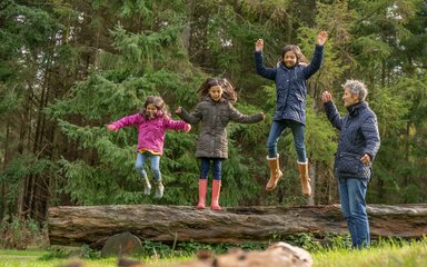 Bedgebury National Pinetum and Forest - family jumping off a log