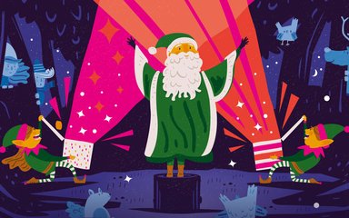 A cartoon image of Father Christmas dressed in green with his arms in the air. Two elves are are either side of him with presents that shoot out bright sparks of light to start illuminating the dark trees behind them.