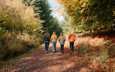 Four people walking around Bracelands Campsite in autumn