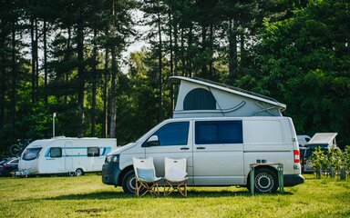 A campervan in front of trees