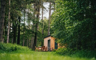 A camping pod in front of trees
