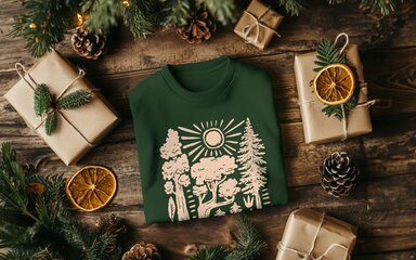 A folding green jumper surrounded by wrapped boxes and festive foliage.