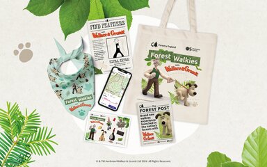 Digital flat lay showing Forest Walkies-branded bag, bandana, leaflets and mobile phone with map on screen.