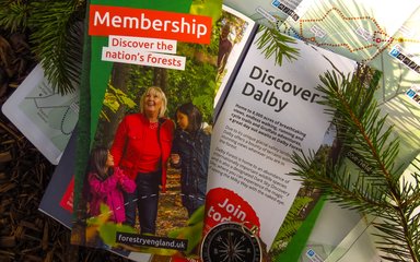 A series of flyers promoting membership at Dalby Forest with a compass and conifer branches placed on top.