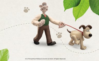 Aardman character Gromit being walked on a lead by Wallace 