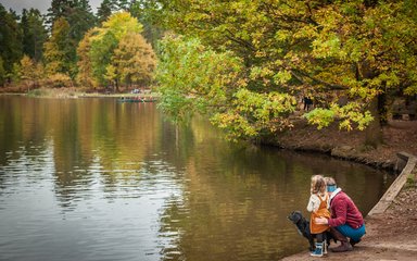 A mum, daughter and dog overlooking a lake surrounded by trees