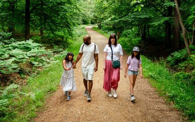 Two adults and two children walking along a forest path.