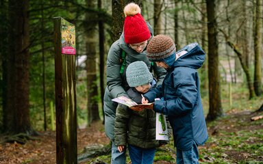 A mother and her two children filling out the Gruffalo orienteering leaflet next to a Gruffalo orienteering post