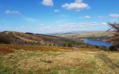 Goyt Valley landscape with views over reservoir 