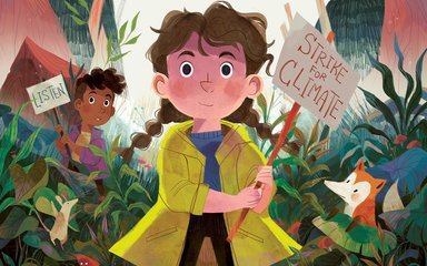 a book cover for Greta and the giants. A cartoon girl holds a placard saying strike for climate. She wears a yellow coat with a blue jumper