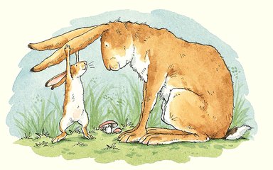 A book cover for Guess how much I love you. A cartoon rabbit stares down at her child while they are pulling on her ears.