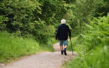 A man walking with a stick on a trail through a forest