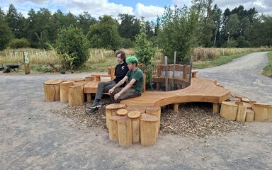 A memorial circular bench with a young tree growing in the middle for the Silk Wood Community Planting Project