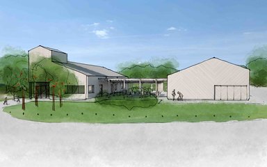 Artists impression of visitor facilities at Hole Farm, showing two buildings with grass and trees
