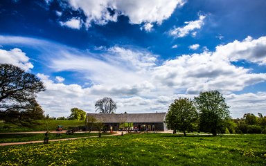 a beautiful blue sky with white fluffy clouds reaches out over a one story curved building in the distance. In front of the building are a few trees. Leading up to the welcome building is lush green grass with yellow flowers dotted around. A path leads up to the building.