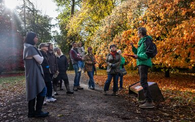 A group of people gather round a guide dressed in green on a discovery walk in autumn