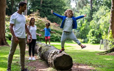 A young boy jumps off of a felled log with his Dad laughing next to him and sister and mum in background walking along the log.