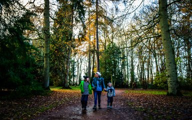 Mother with young boy and girl walk hand in hand down a winter path