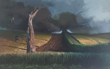 A painted scene of farmland