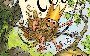 A book cover of King Coo. A cartoon small man with a very long blonde beard that covers his body so you can only see arms and feet, swings in a tree. he wears a tall gold crown.