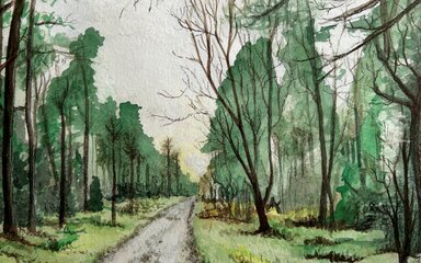 A painted scene of a forest