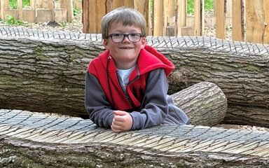 A young boy leans on a large wooden log which is a play feature at Westonbirt Arboretum