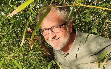 Martin Brown smiles at the camera. He stands among green foliage. He has grey hair and a grey beard with dark rimmed glasses.