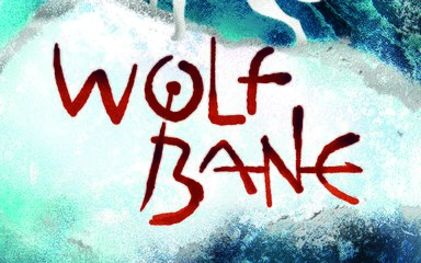 A book cover called wolf bane. A silhouette of a wolf sits on a mountain.  