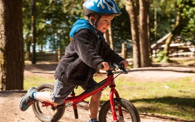 Child riding a balance bike in the forest