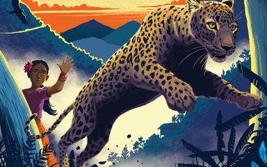 A book cover called The Girl who Lost a Leopard with a cartoon image of a leopard leaping away with a girl in the background reaching out