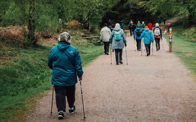 Over 50s nordic walking of gravel path in forest from behind