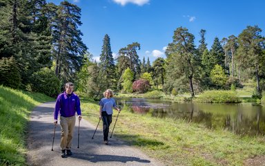 Two people Nordic Walking by a lake 