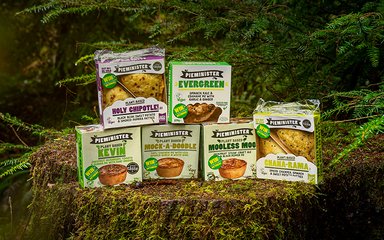 Pile of Pieminister pies on a tree stump in the forest