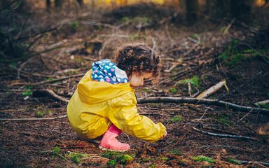 Young girl in yellow coat playing with pine needles on the forest floor