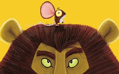 A book cover called The Lion Inside. A bright yellow background with a cartoon Lion head poking up from the bottom with a mouse sat on top