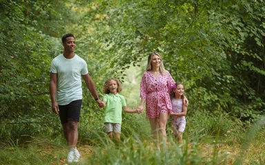 Parents and two children in summer clothes walking in woodland