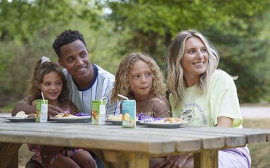 a man and a woman with two children enjoying a picnic in the woodlands