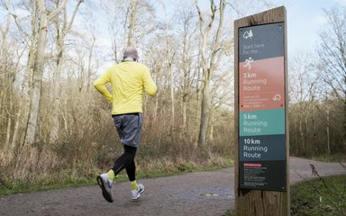 A man running past a sign in the forest wearing a yellow top