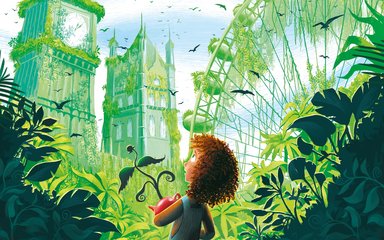 A book cover called the secret wild. A cartoon image of a girl holding a plant in her hands looking up at London attractions covered in plants.