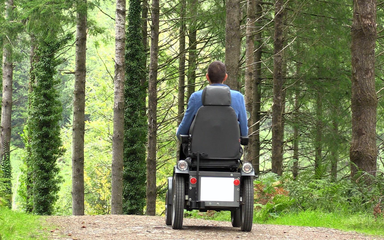 Rear view of a mobility scooter travelling along a forest track