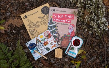 Activity leaflet, stickers, pencil and keyring shown in a bundle on the forest floor.